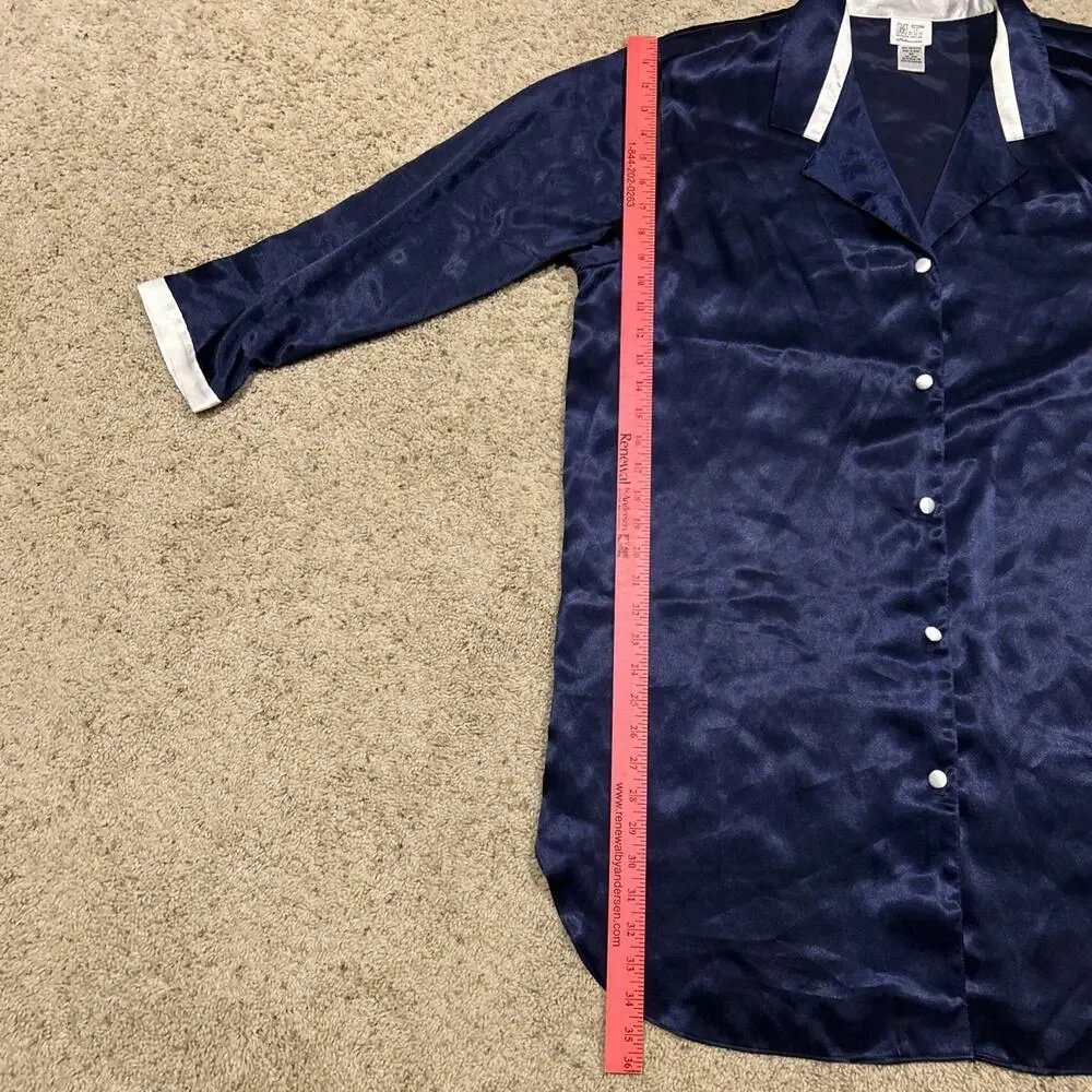 Morgan Taylor Intimates 2X NIGHT SHIRT Liquid SATIN Button Front NAVY BLUE F25 - Picture 8 of 9